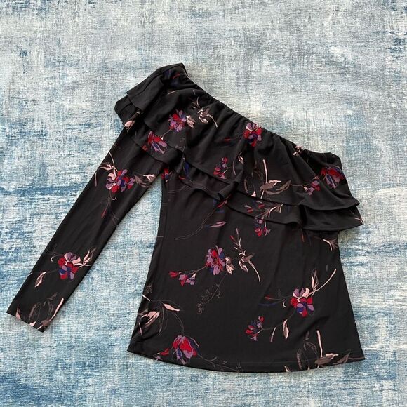 Veronica M Black Red Purple Floral Ruffle Asymmetrical One Long Sleeve Top XS - Picture 6 of 10